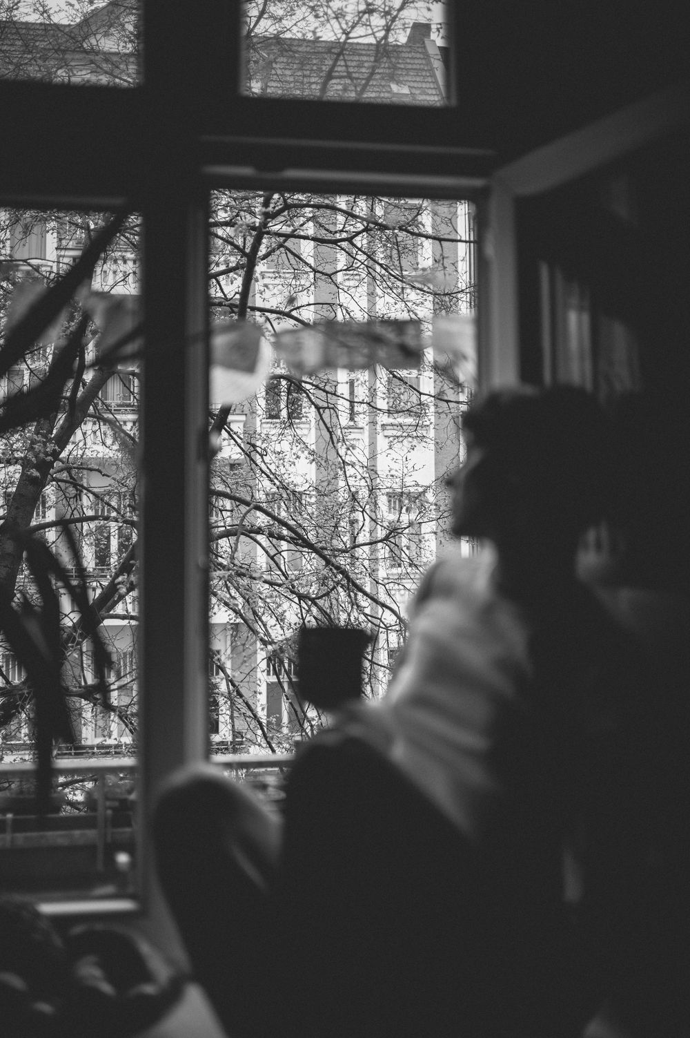 Black and white view through window showing shadowy silhouette gazing at bare tree branches outside.