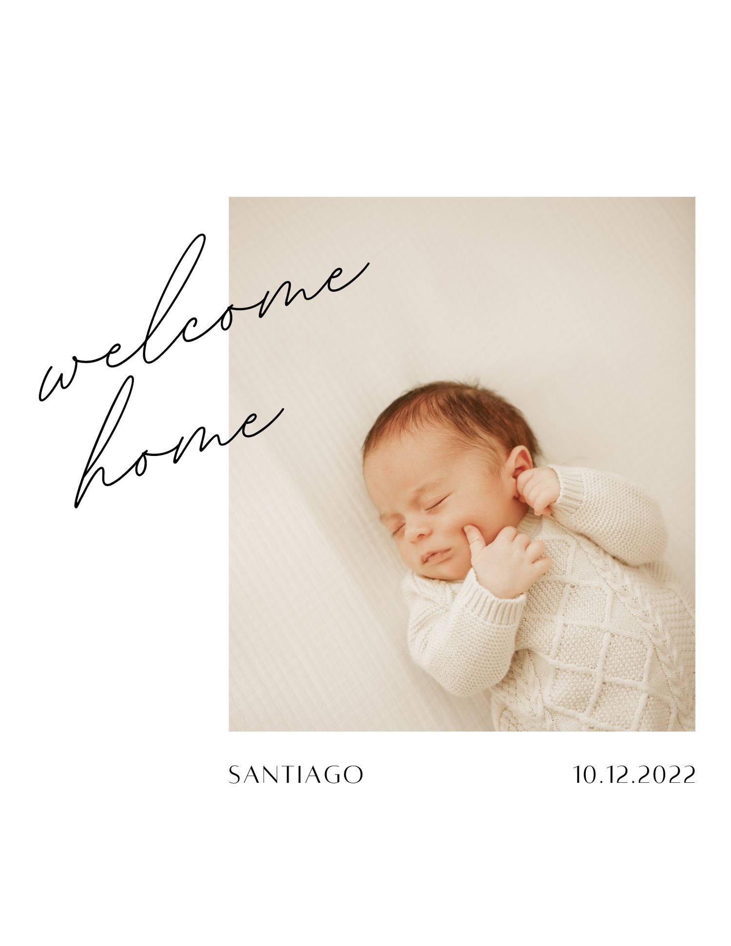 A gentle welcome home announcement featuring a sleeping newborn in soft cream colors with name Santiago and date 10.12.2022.