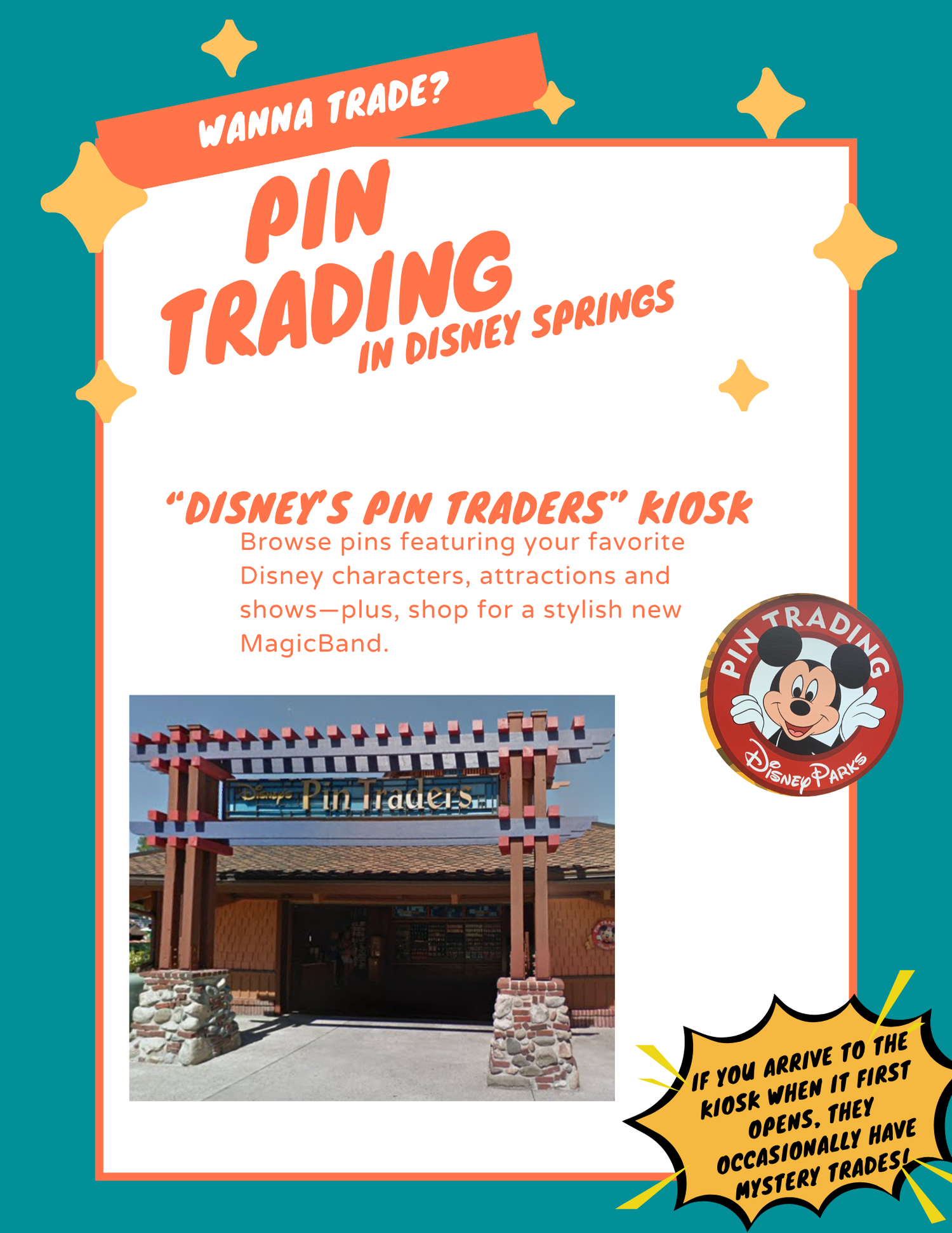 Information page about pin trading at Disney Springs featuring the Disney Pin Traders kiosk.