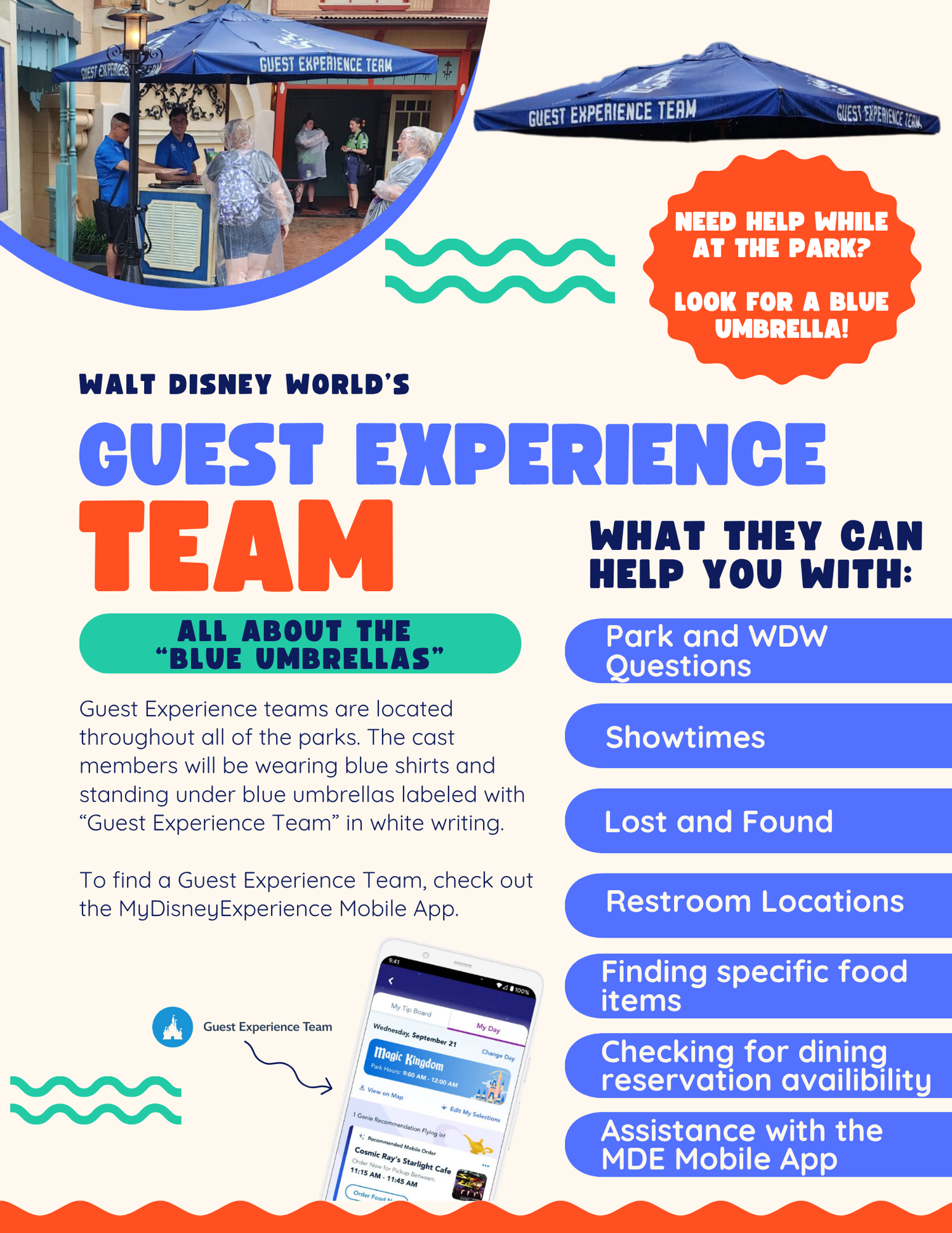 Infographic showing Guest Experience Team services and assistance locations at Walt Disney World.
