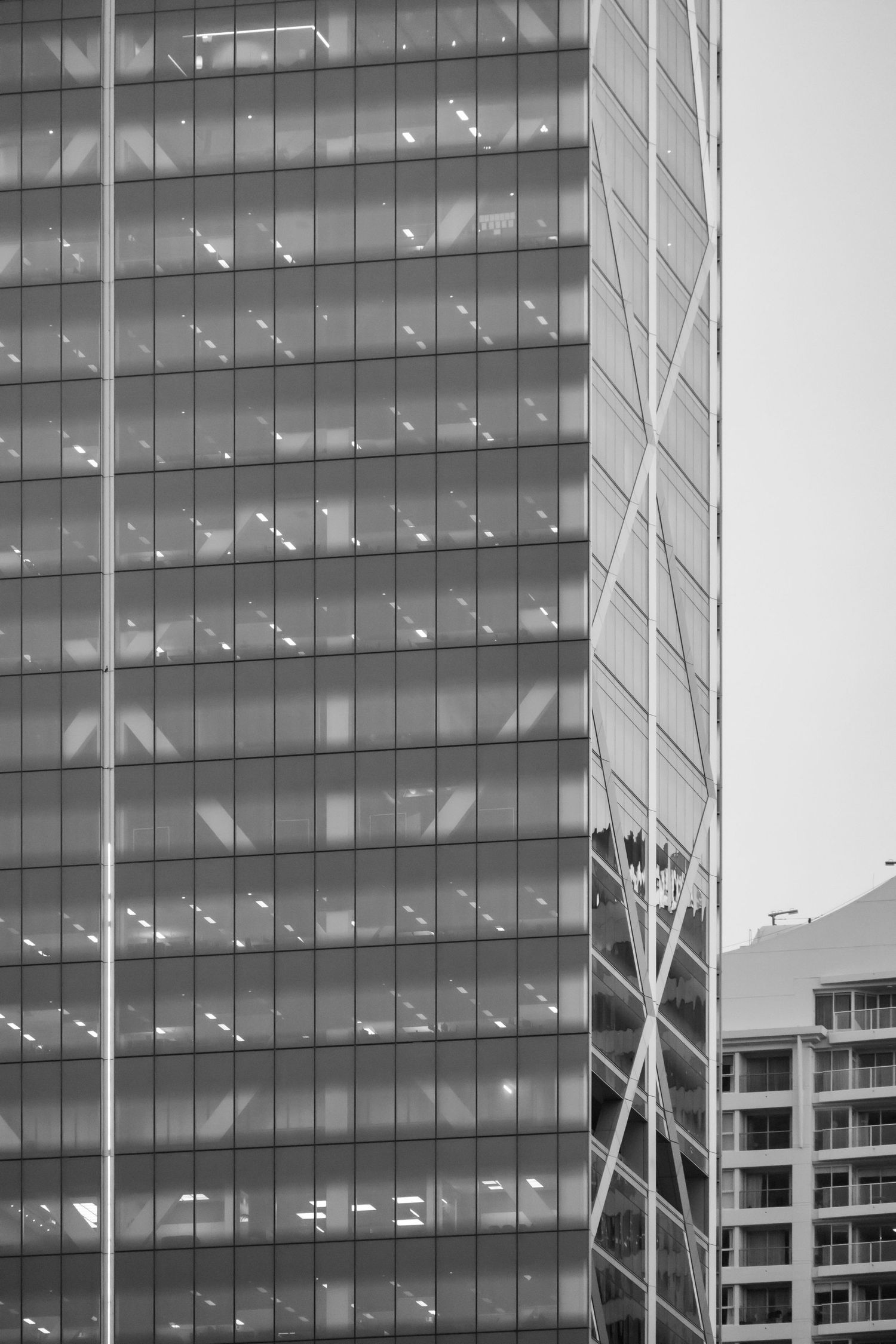 Black and white view of a grid-like glass office tower with diagonal braces.