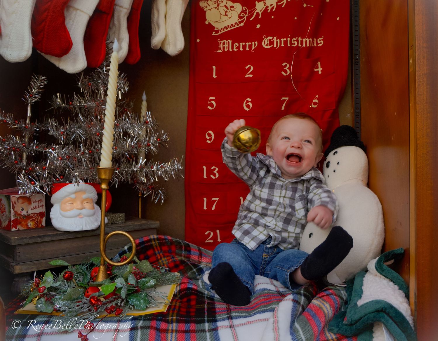 A series of Christmas-themed photos featuring holiday decor and festive plaid patterns.