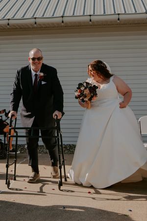 Wedding photo sequence showing playful moments outside a white building with metal roof.