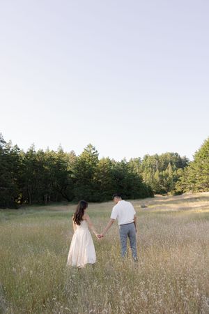 Two romantic figures walk hand in hand through a sun-drenched meadow with evergreen forest in the background.