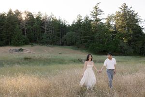 A couple walks hand in hand through a golden meadow at sunset with evergreen trees in the background.