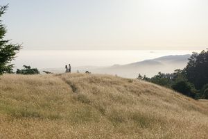 Rolling golden hills at sunset with silhouettes of hikers and misty mountains in the distance.