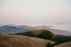 Panoramic view of misty mountain ranges at sunrise with fog rolling through valleys and forested peaks in soft morning light.