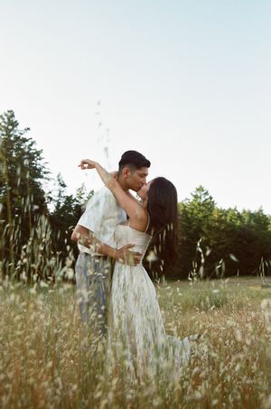 A romantic couple embraces in a sunlit meadow with tall grass and evergreen trees in the background.