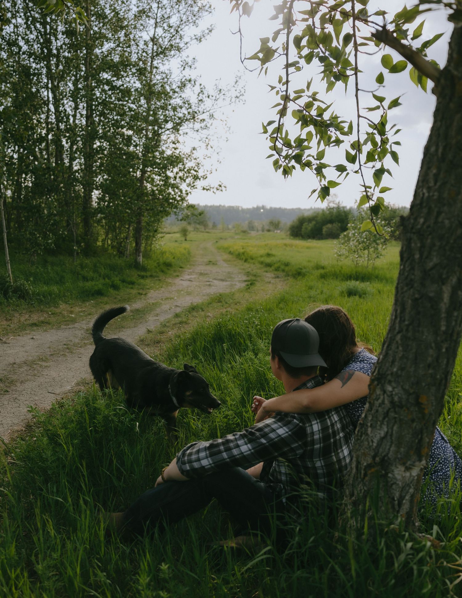 A person rests against a tree trunk on a rural dirt path while a black dog explores nearby on a sunny day.