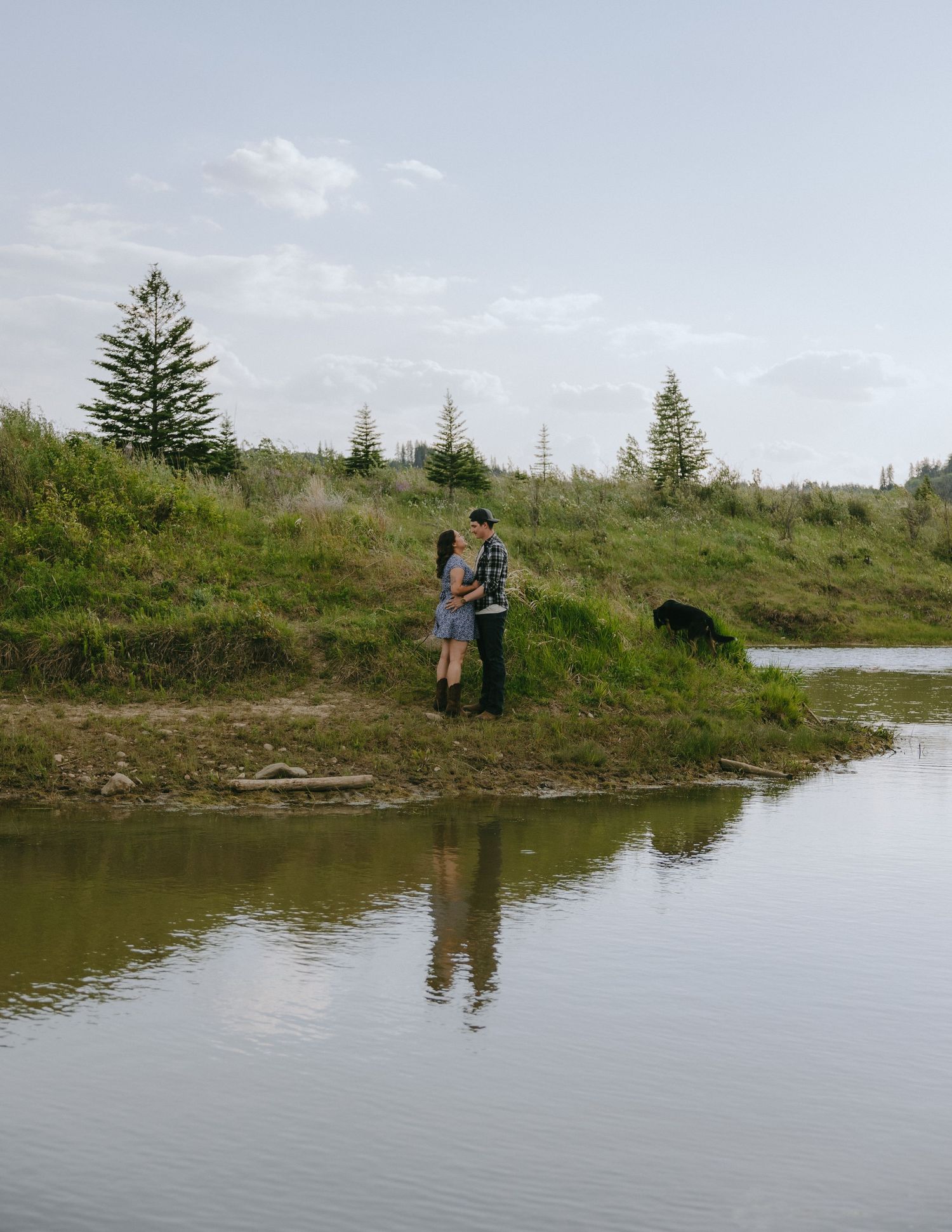 Scenic riverside view with grassy slopes and evergreen trees along the waterfront.