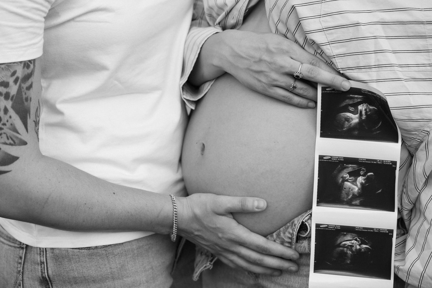 Series of tender maternity photos showing ultrasound and baby bump.