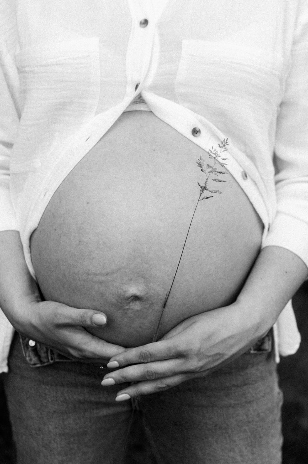 A series of progressive maternity photos showing a growing baby bump in a white shirt.