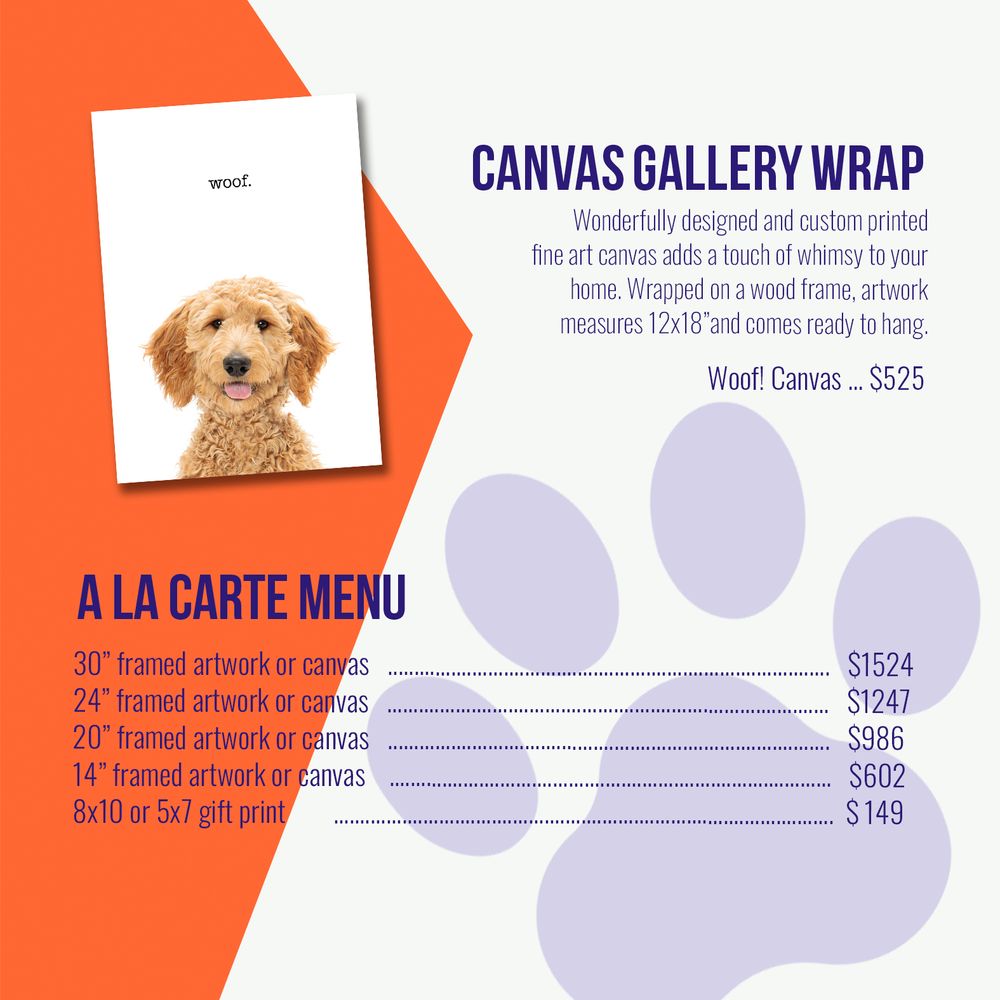 ICYou Photography pricing menu for canvas gallery wraps and a la carte pet portrait prints featuring a golden doodle dog.