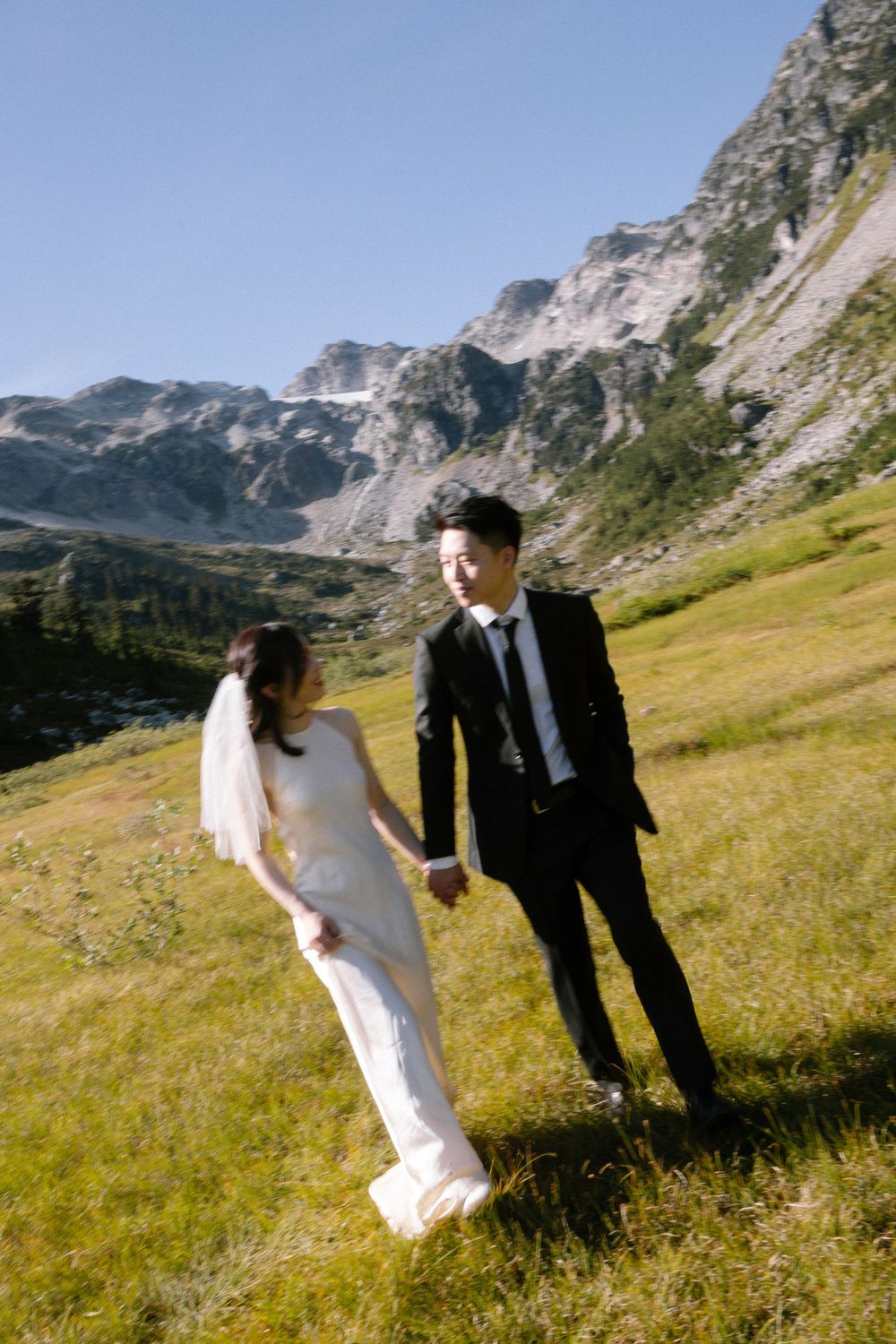 Newlyweds strolling hand in hand across an alpine meadow with mountain vistas.