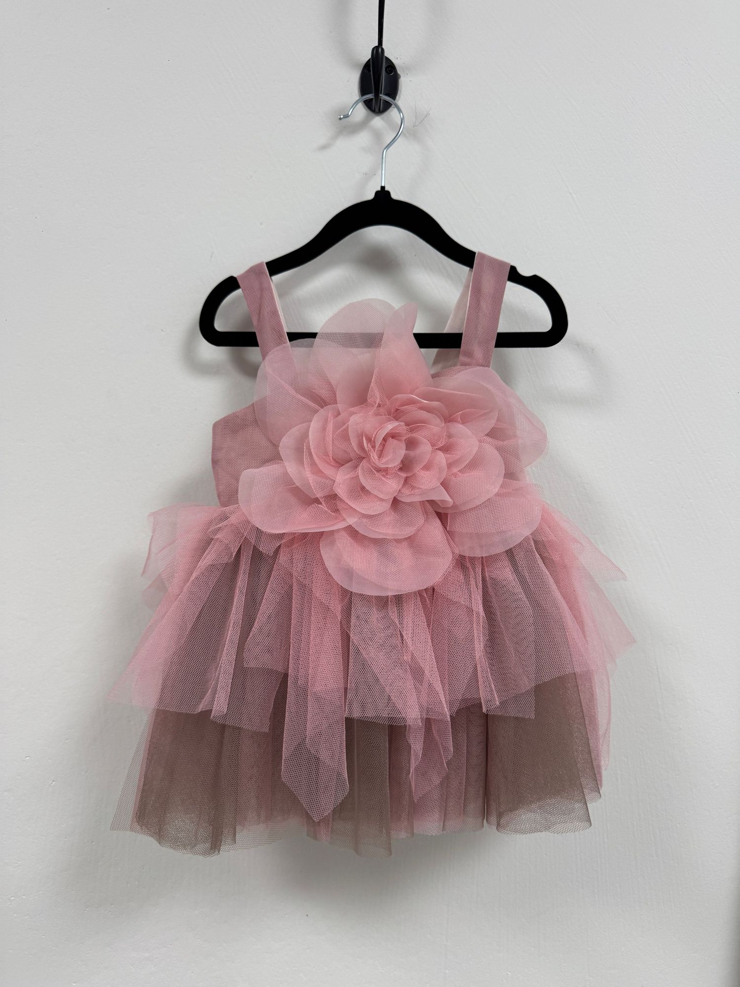 Pretty pink tulle dress with sequined embellishments and ruffled neckline for special occasions, shown in multiple angles.