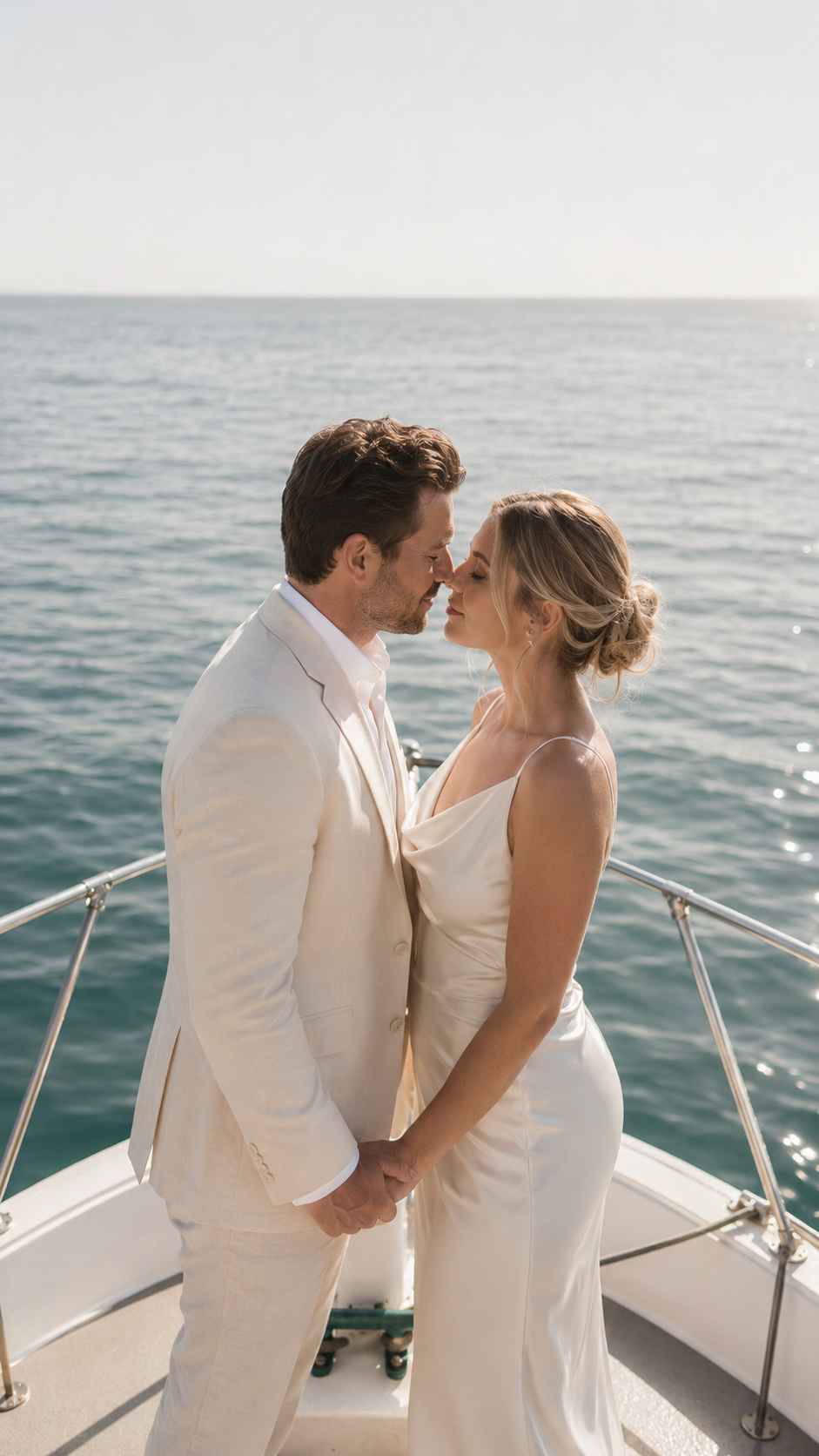 Bride and groom nearly kissing on a yacht bow, holding hands with the ocean horizon behind them in Ensenada, Baja California.