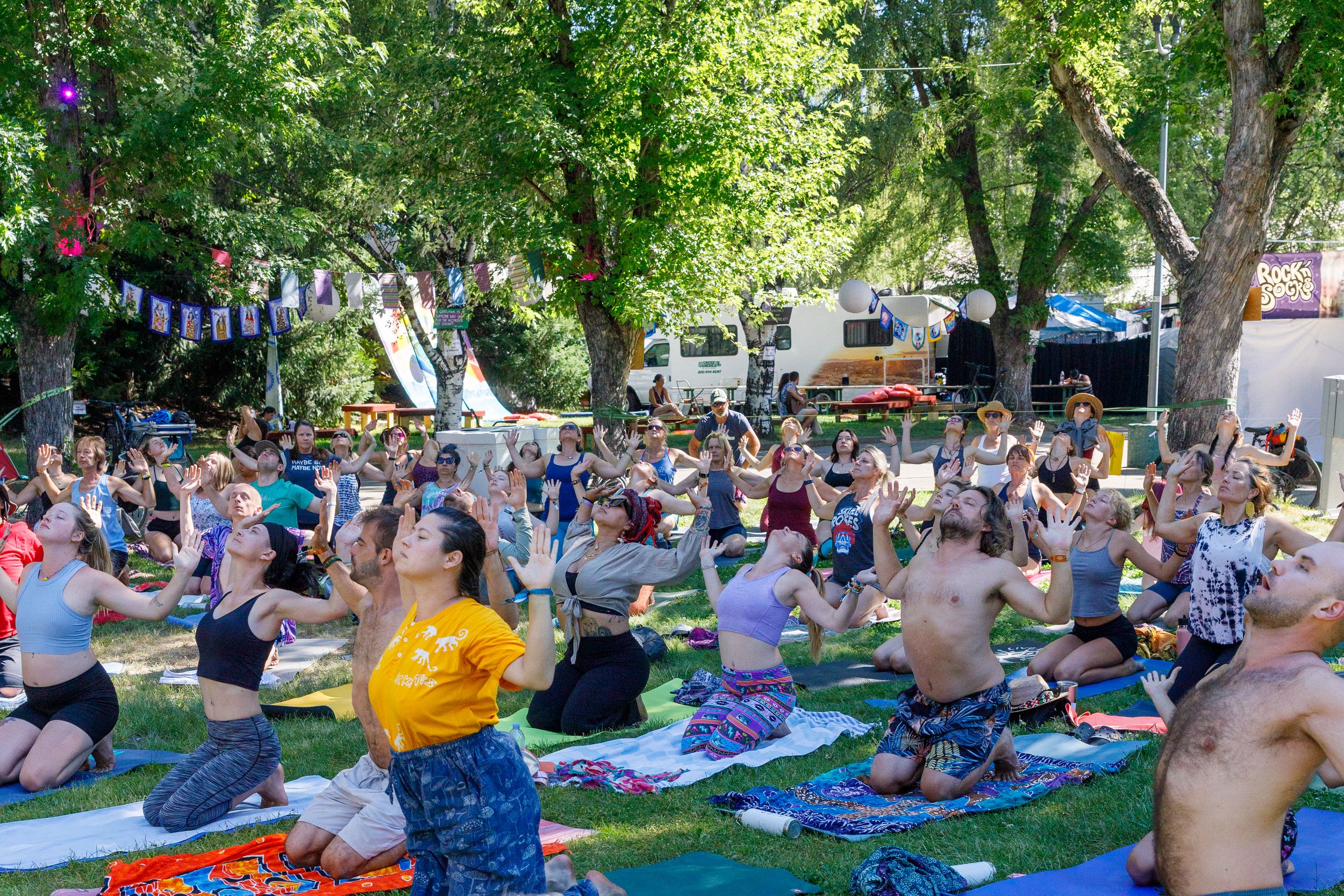 Large group of people practicing yoga together outdoors on colorful mats under shady trees at a community event.