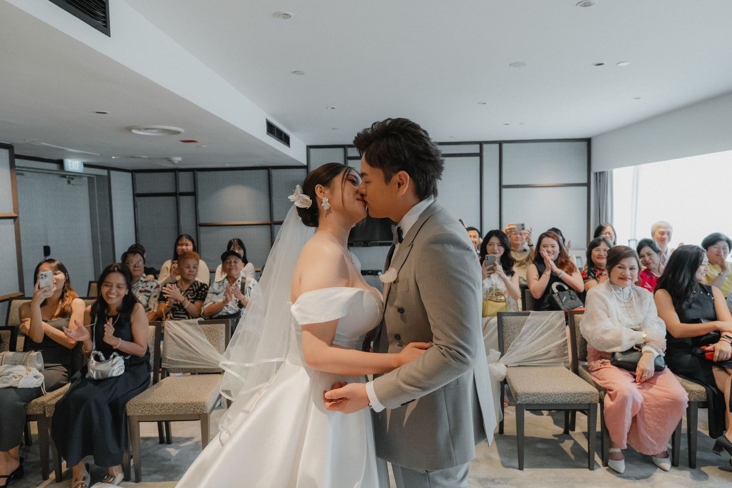 A series of five wedding reception celebration photos showing couples dancing and guests enjoying the festivities.