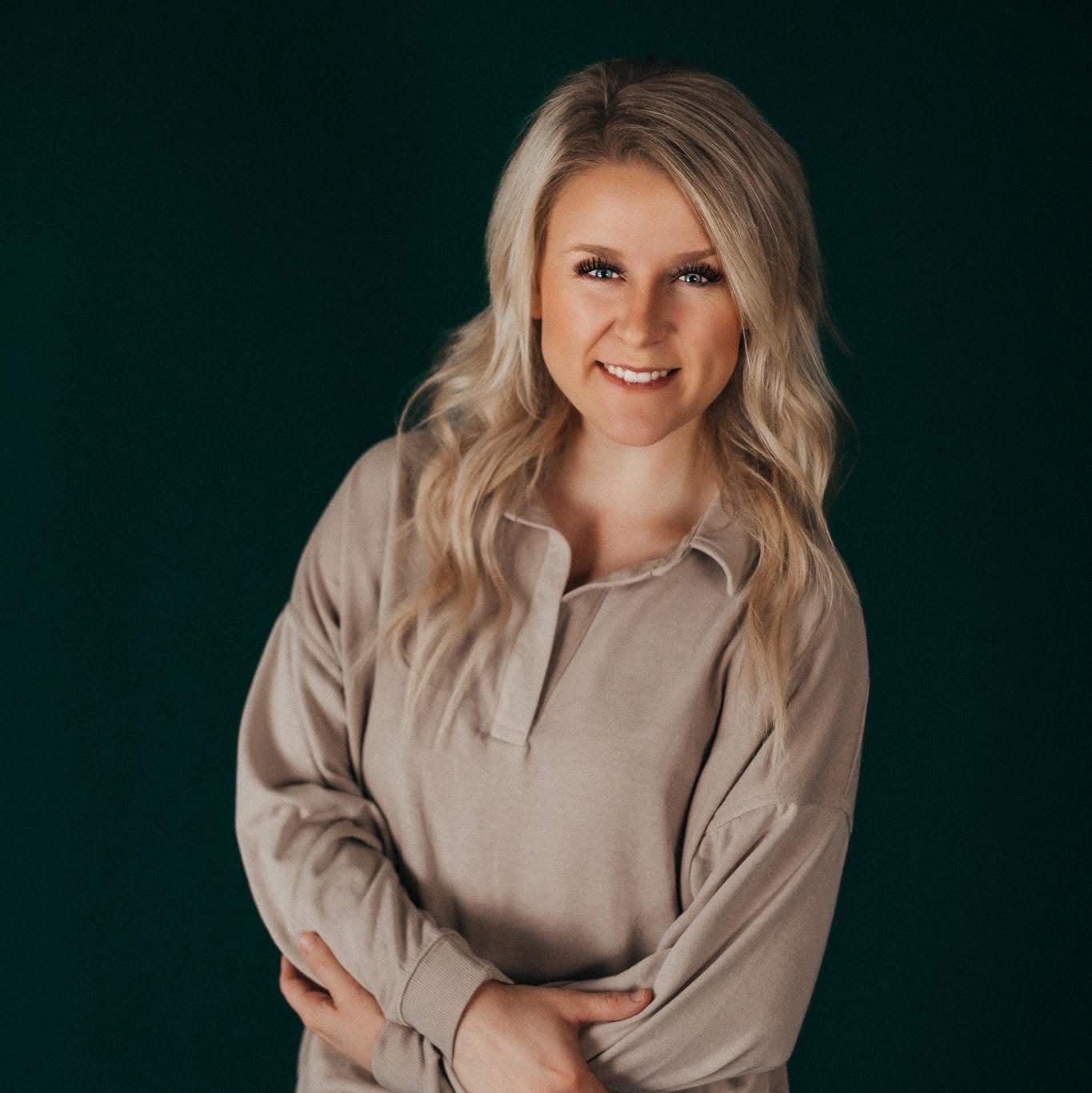 Portrait series showing person in beige sweater against dark background.