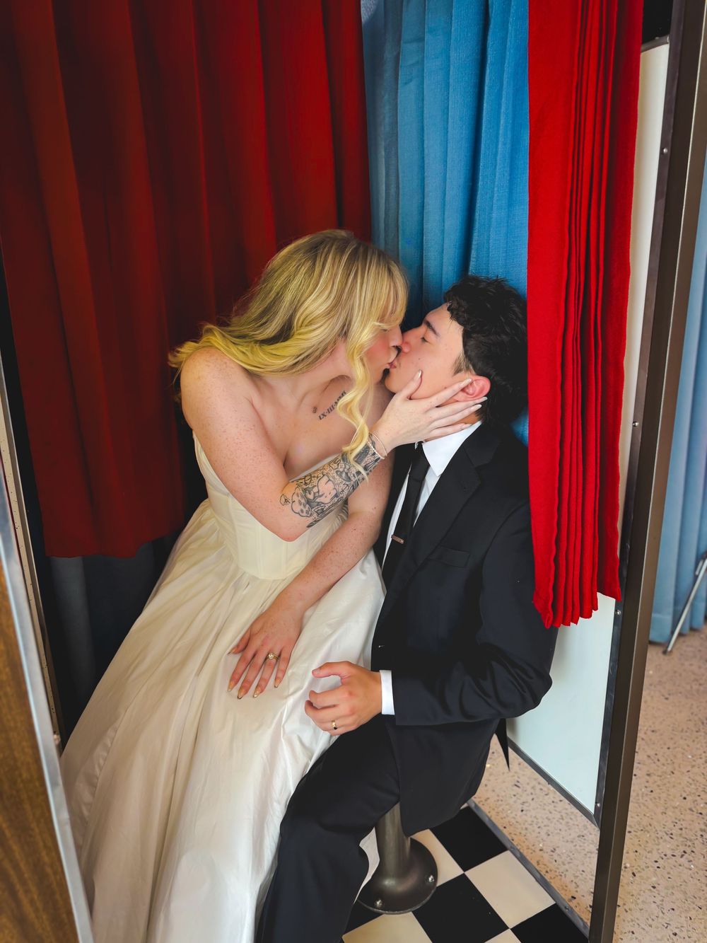 A collage showing several tender moments in front of red and blue curtains during a special occasion.
