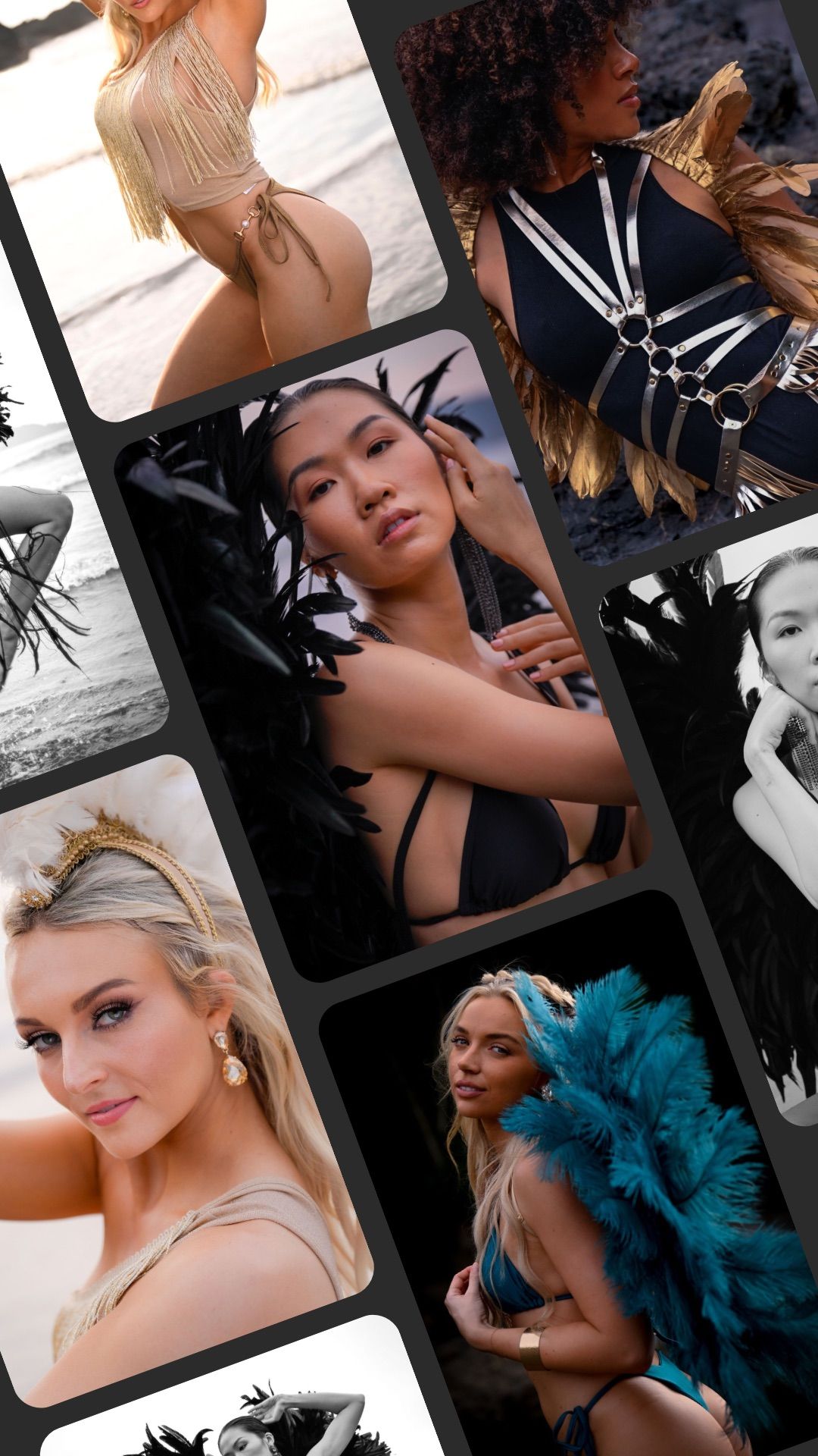 A collage of fashion photography shots featuring models in various poses with dramatic lighting and styling.