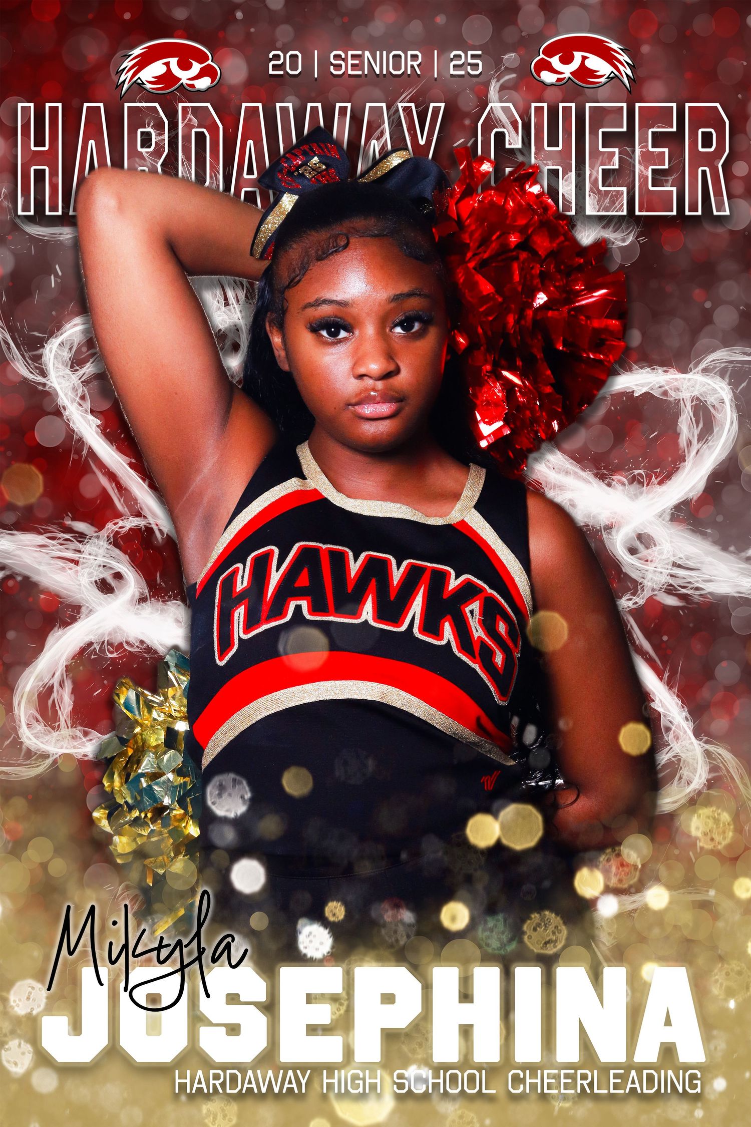 School cheerleading photo with red and black Hawks uniform against dramatic red smoke effect and golden bokeh background.