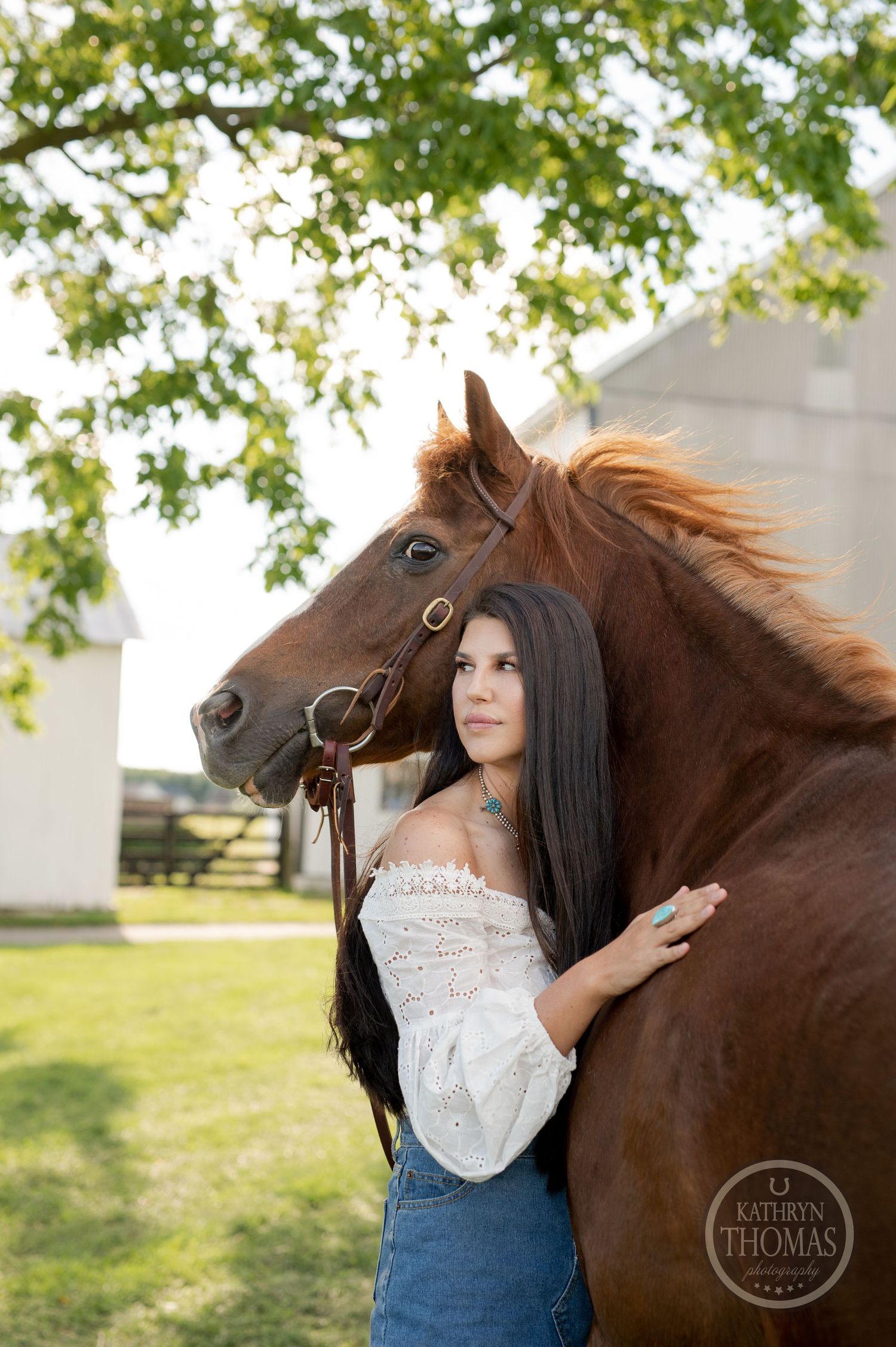 A majestic brown horse and companion pose together on a sunny day with white barns in the background.