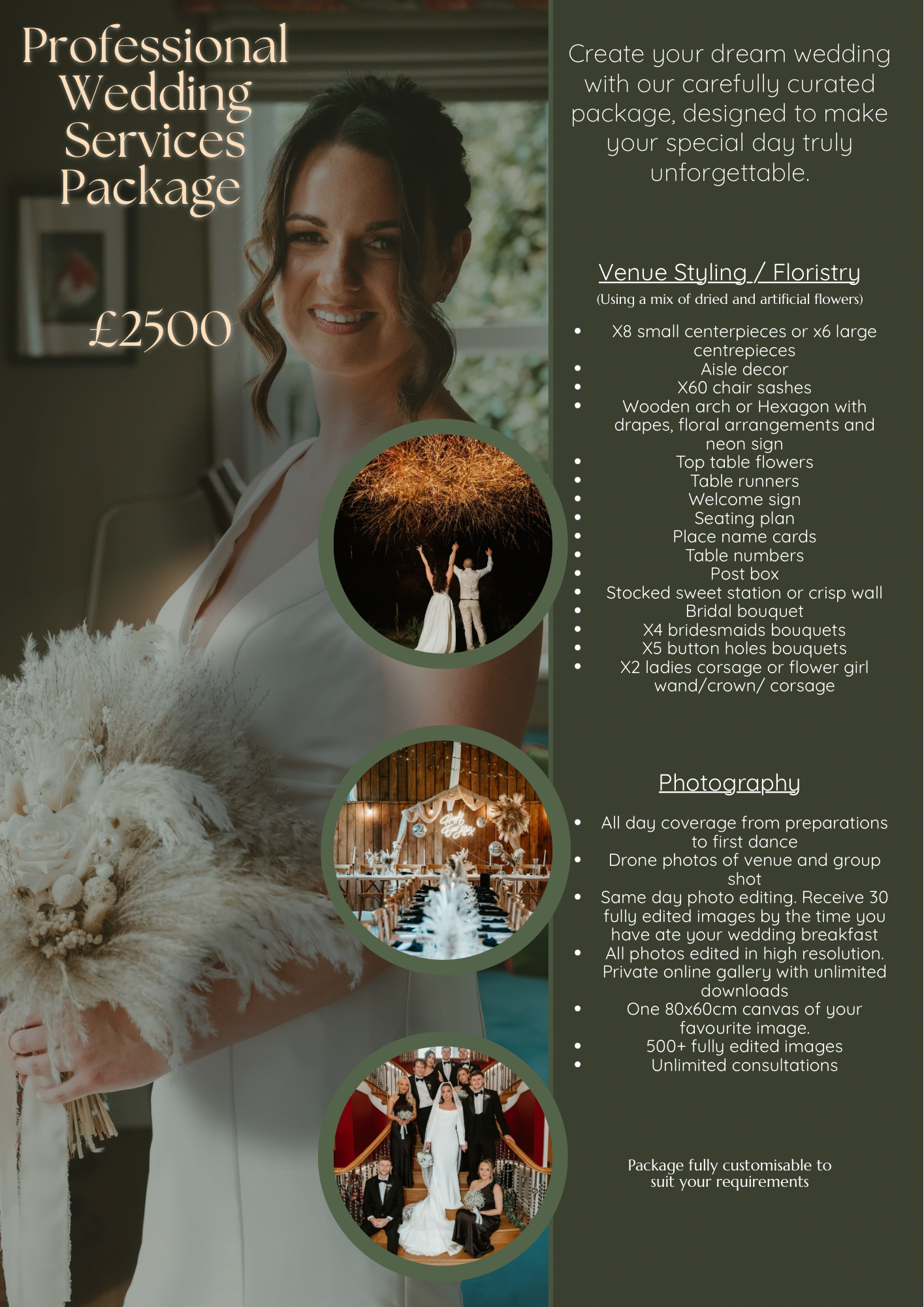 Wedding photography service price list flyer featuring sample photos and package details for £2500.