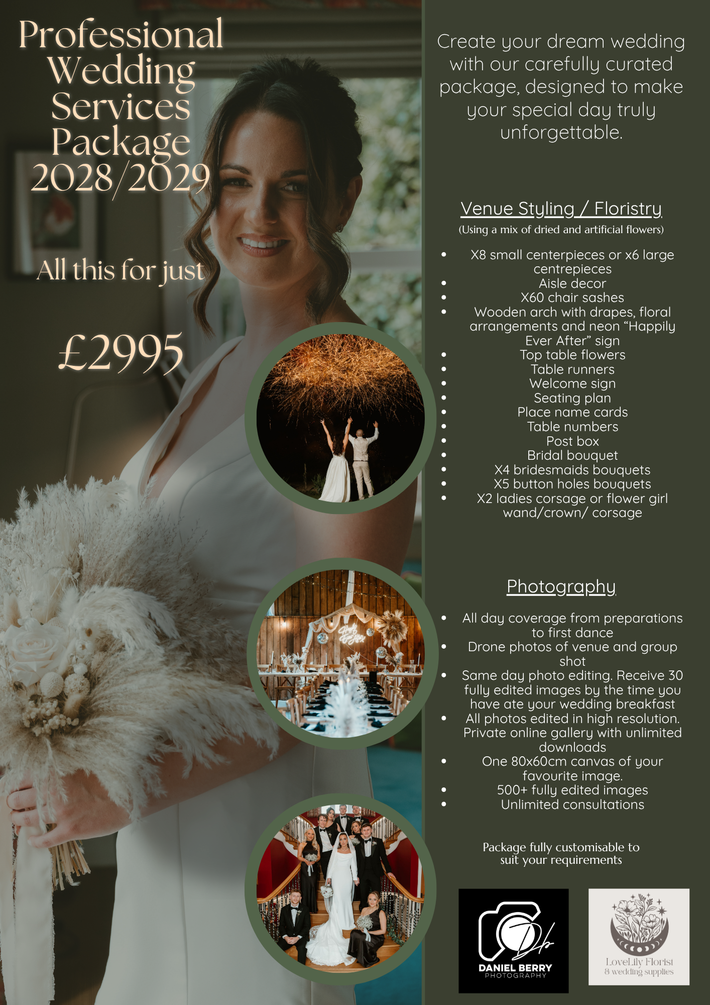 Wedding photography service price list flyer featuring sample photos and package details for £2500.