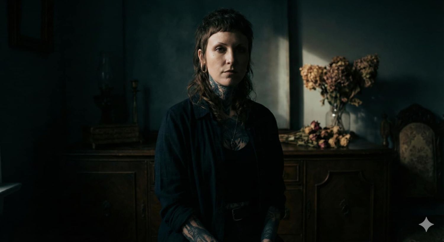 A moody, dark portrait in a Victorian-style room with dried flowers and antique decor in the background.