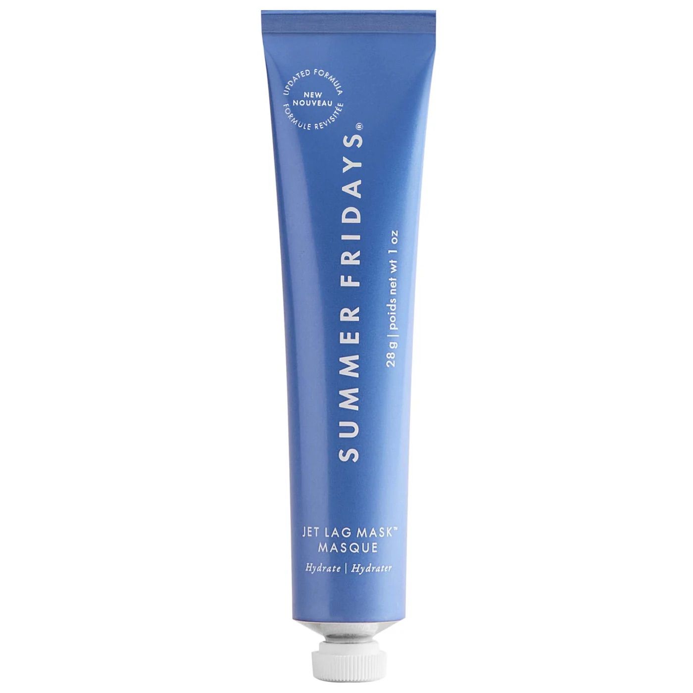 Blue skincare product tubes arranged in a row showing different sizes of the same cosmetic line against white background.