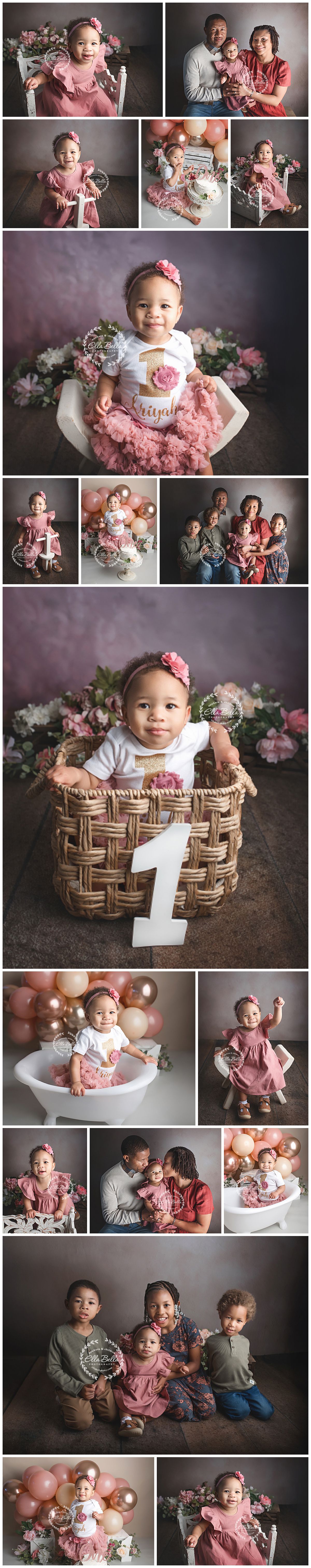First birthday photo session featuring pink and rose gold decor with vintage props and floral arrangements.