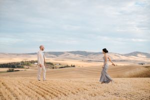 Dramatic panoramic view of golden wheat fields and rolling hills under an overcast sky.