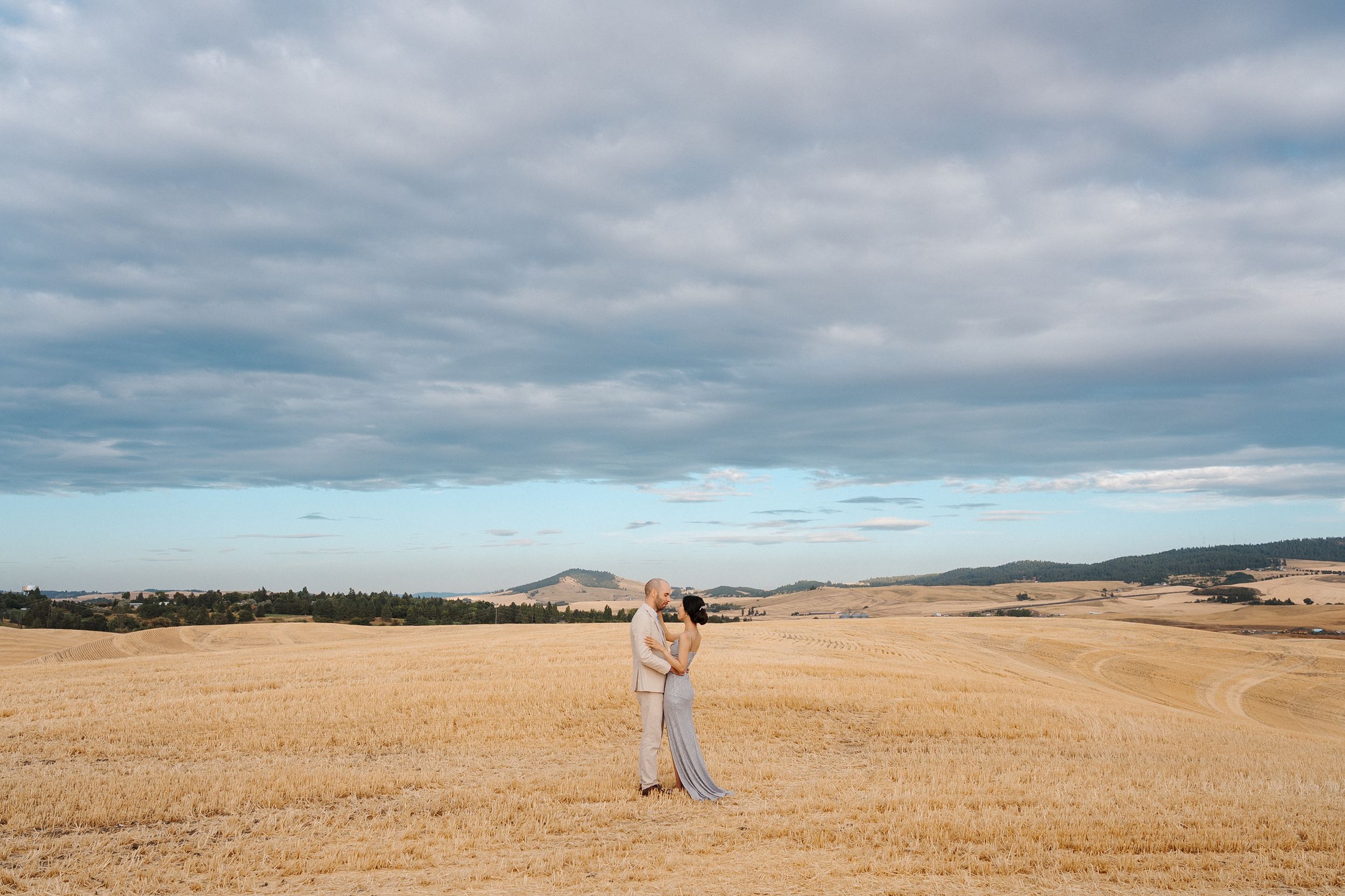 Rolling wheat fields stretch to the horizon under cloudy skies in the Palouse region of Washington state.