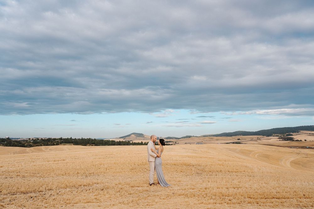 Rolling wheat fields stretch to the horizon under cloudy skies in the Palouse region of Washington state.