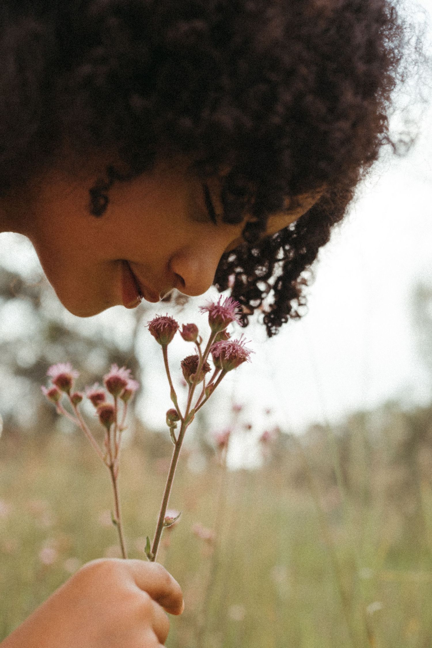 Child with curly hair smelling delicate pink wildflowers in nature.
