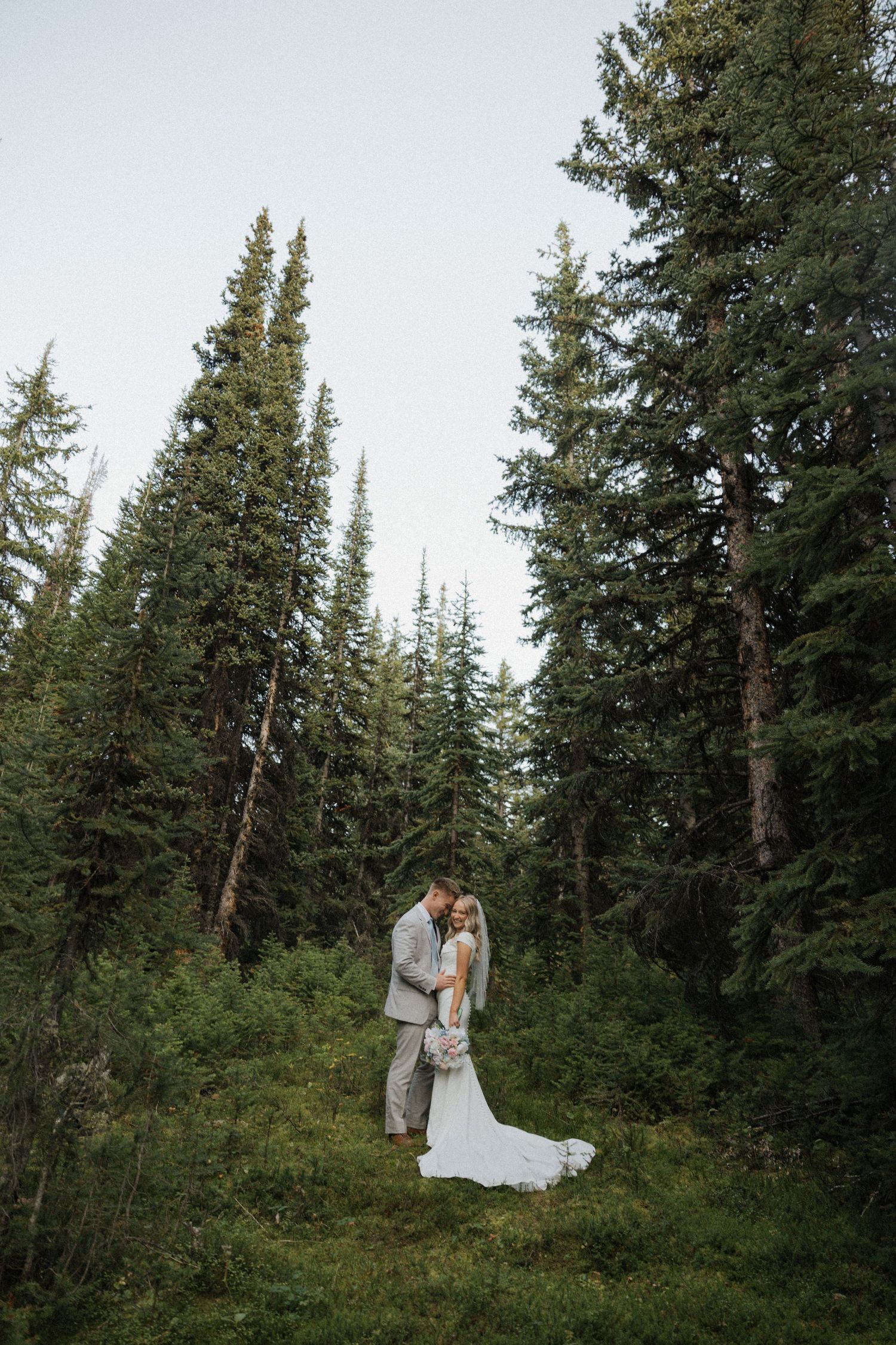 A couple shares an intimate moment in a forest setting surrounded by tall evergreen trees.