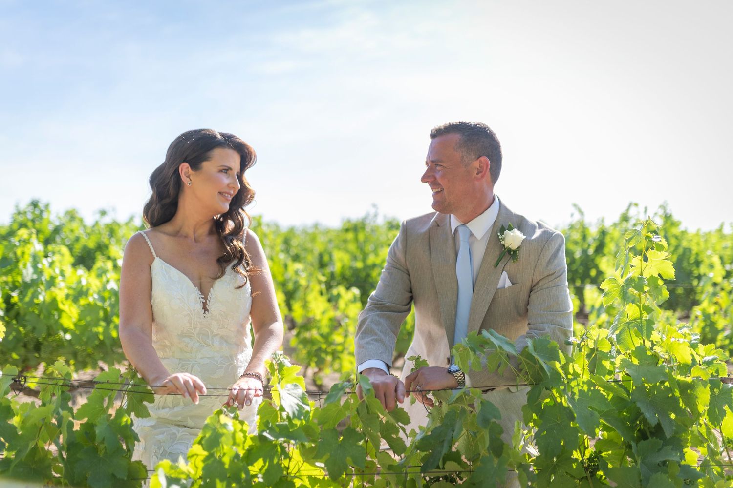 Couple in wedding attire embraces while standing in a lush vineyard during golden hour.