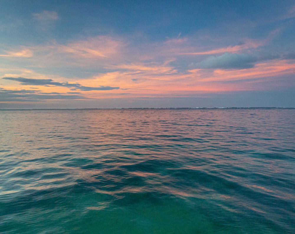 Panoramic series of ocean horizon views at sunset showing vibrant pink and orange sky reflecting on calm blue waters. Landscape.