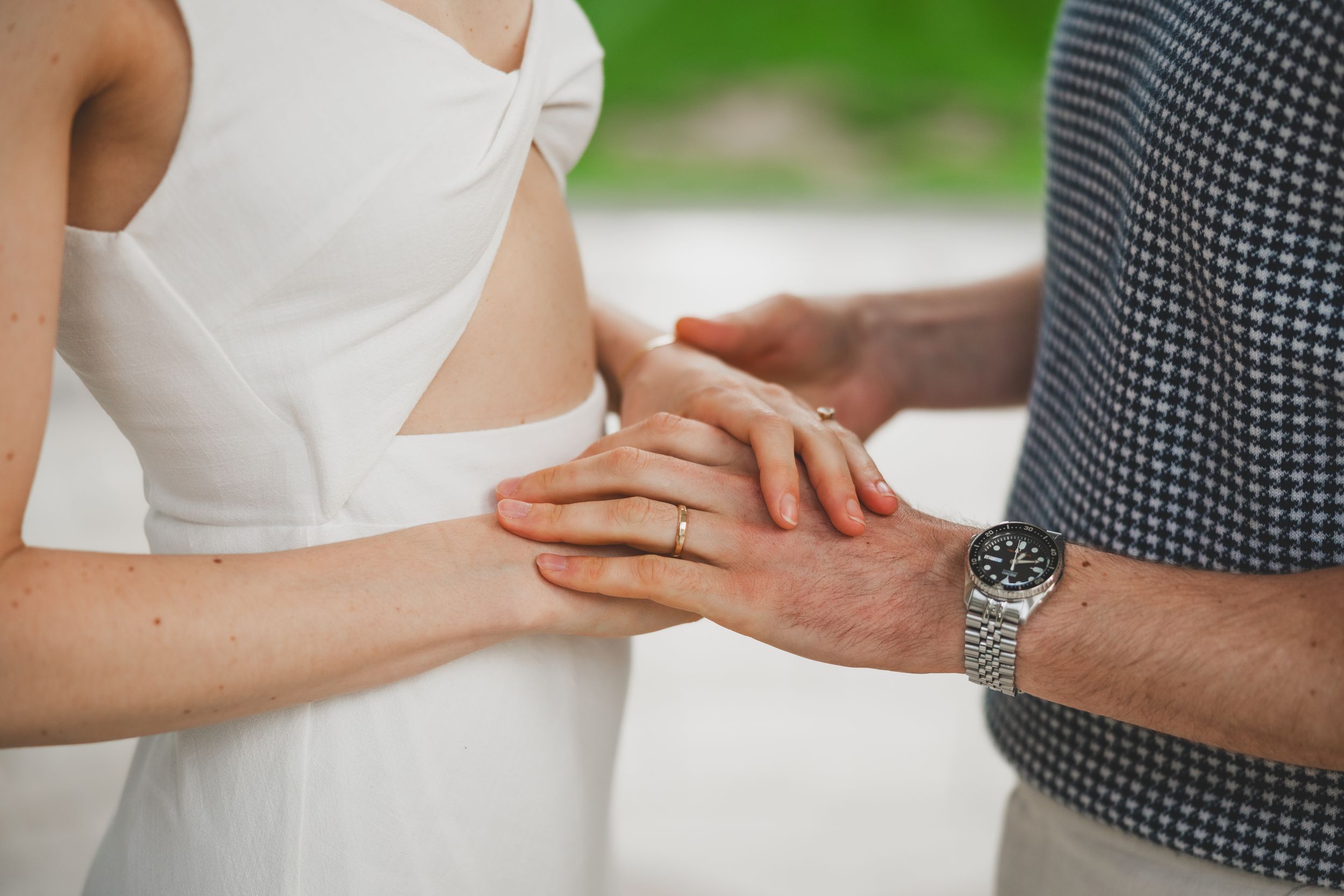 Close up of the couple’s hands and rings during their engagement session in Washington DC