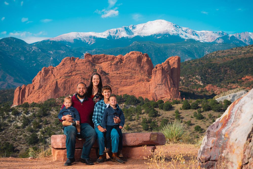 A scenic collage of outdoor photos showing red rock formations at Garden of the Gods with snow-capped Pikes Peak in Colorado.