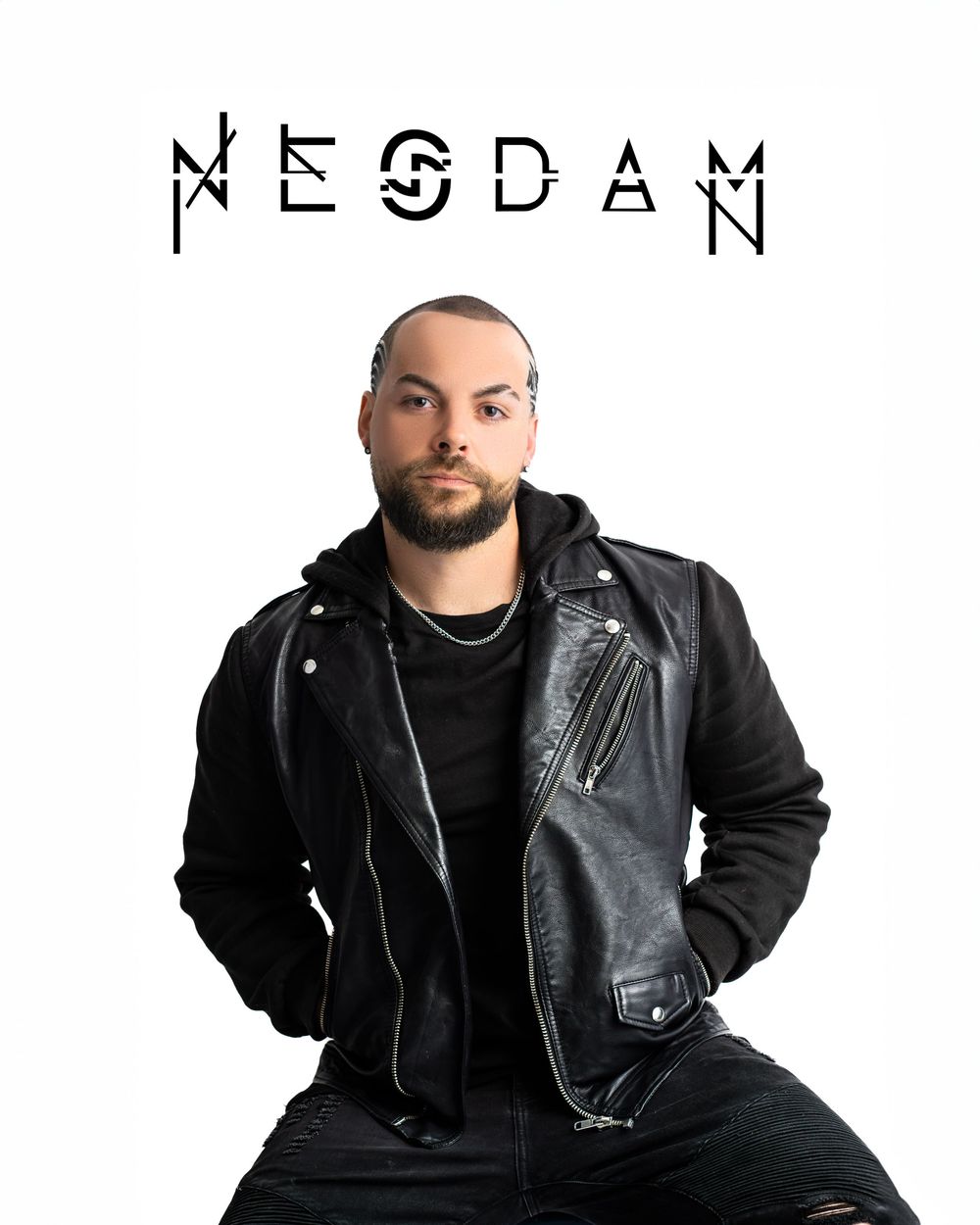 Person in black leather jacket and dark clothing poses against white background in multiple artistic poses.