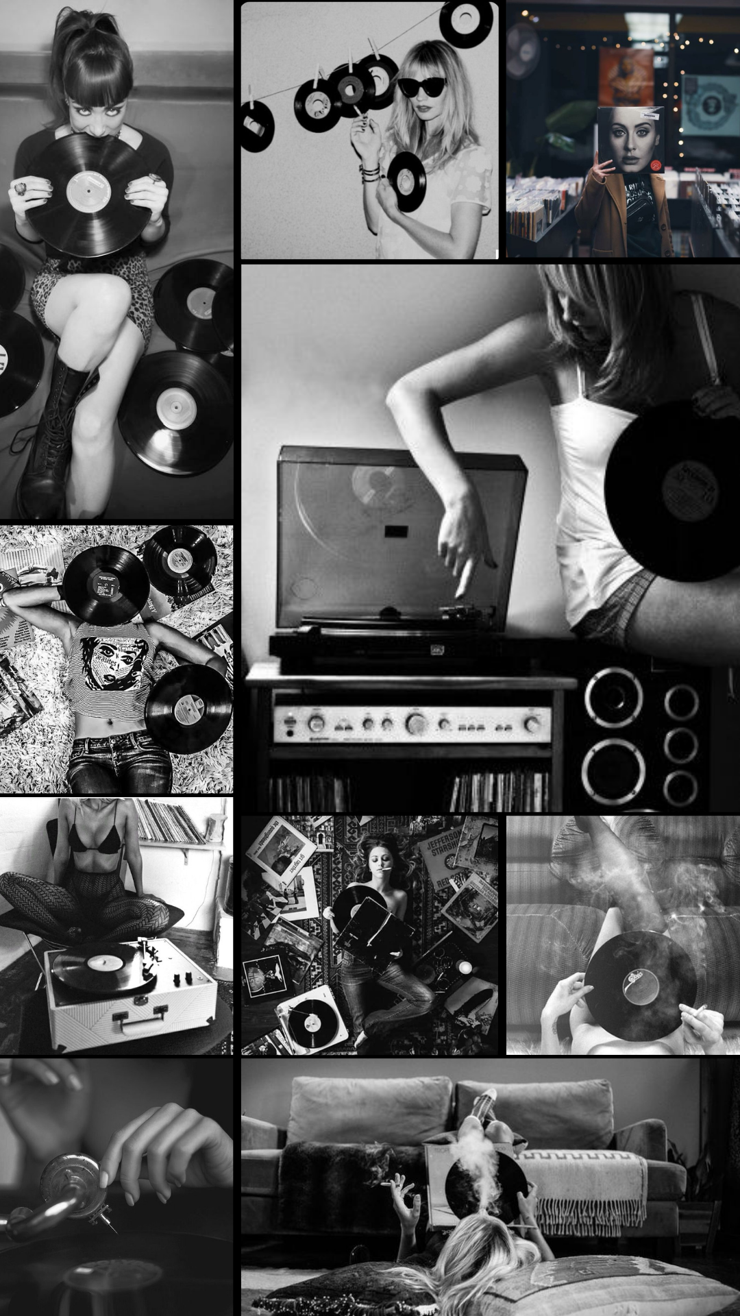 A black and white collage of vinyl records, turntables, and audio equipment showing various music listening scenes.
