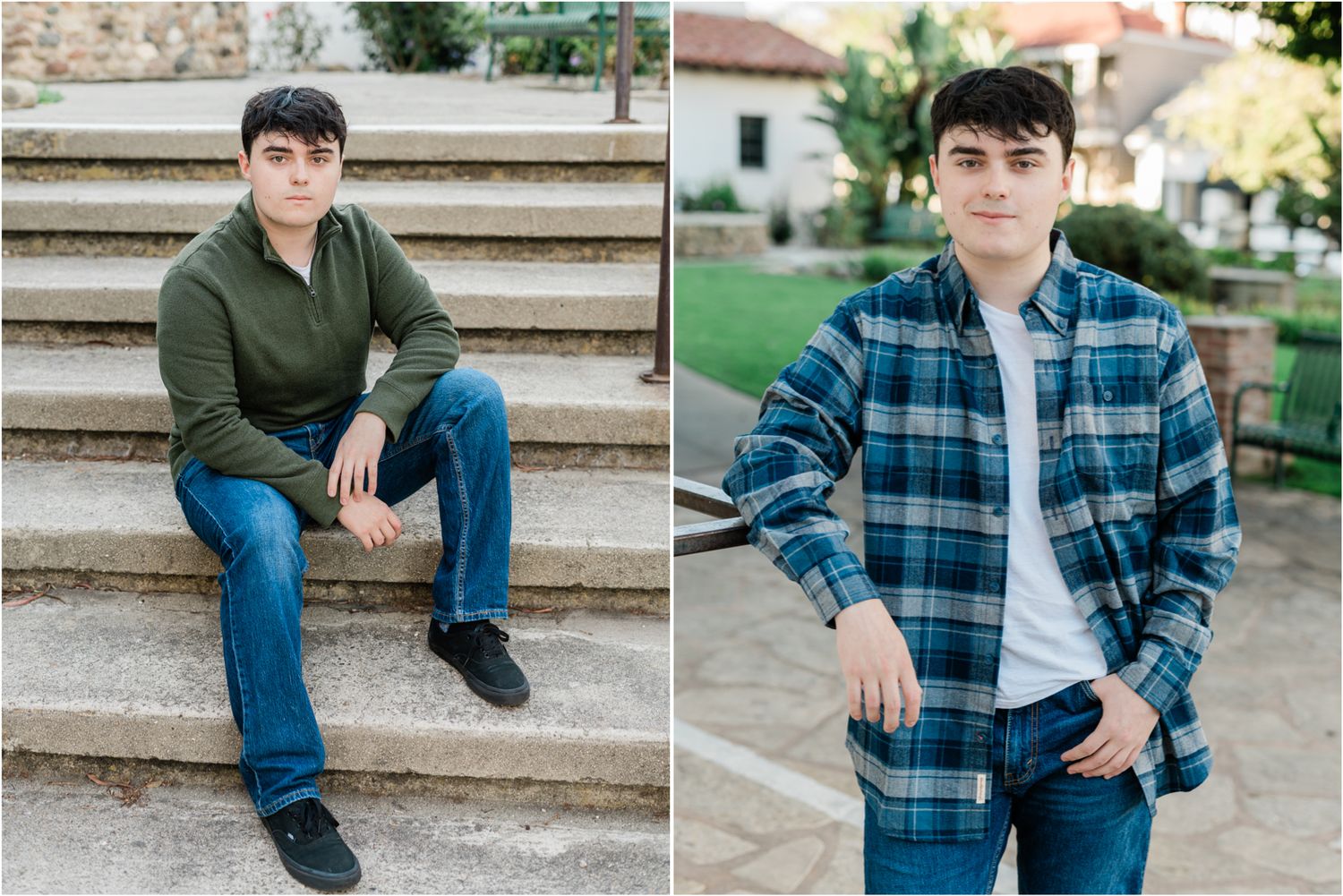 slo senior guy photos in downtown slo sitting on mission slo stairs | mission college prep senior | senior photos