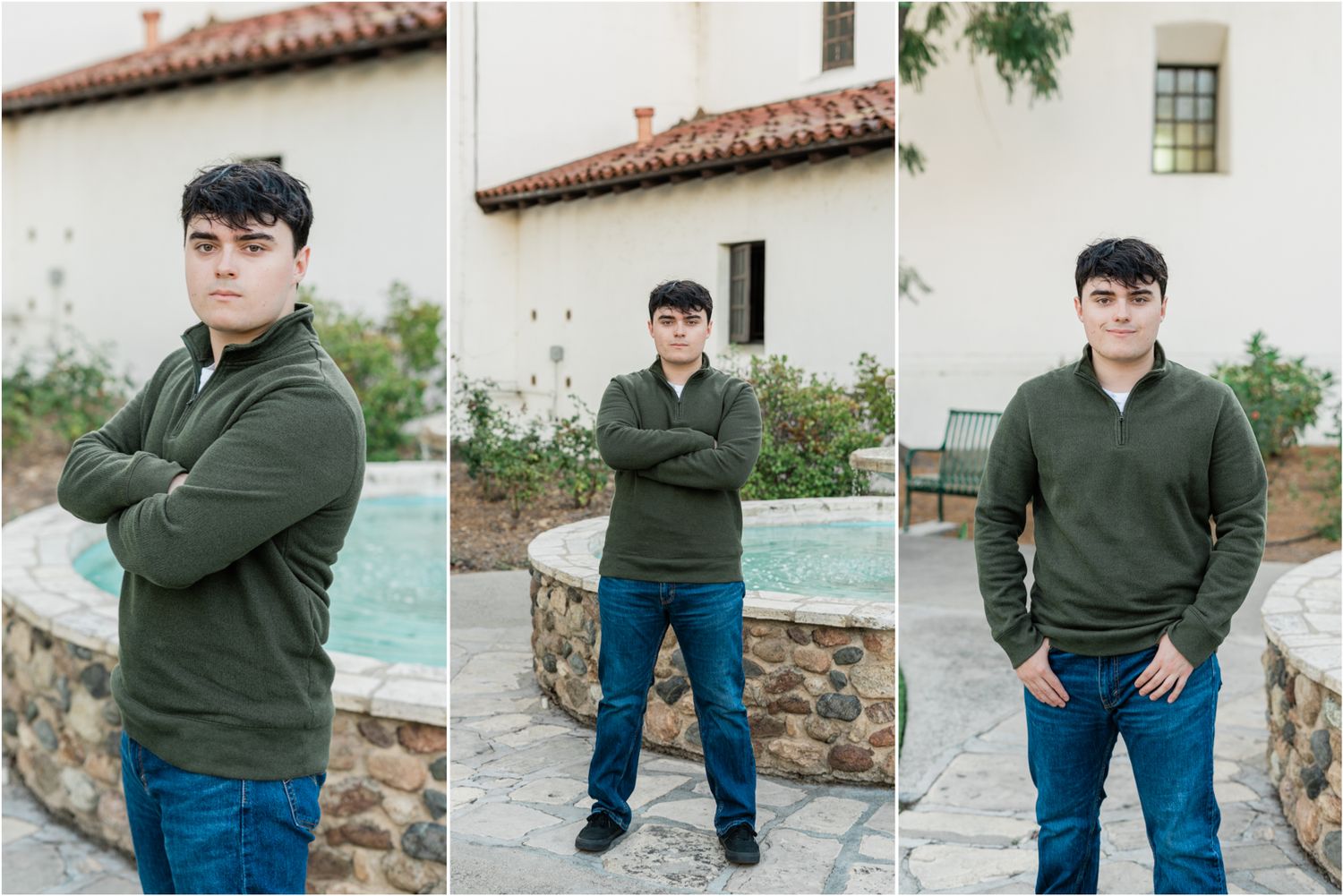 mission prep senior photos | senior guy wearing dark green quarter zip sweater for senior photos standing by downtown slo mission fountain