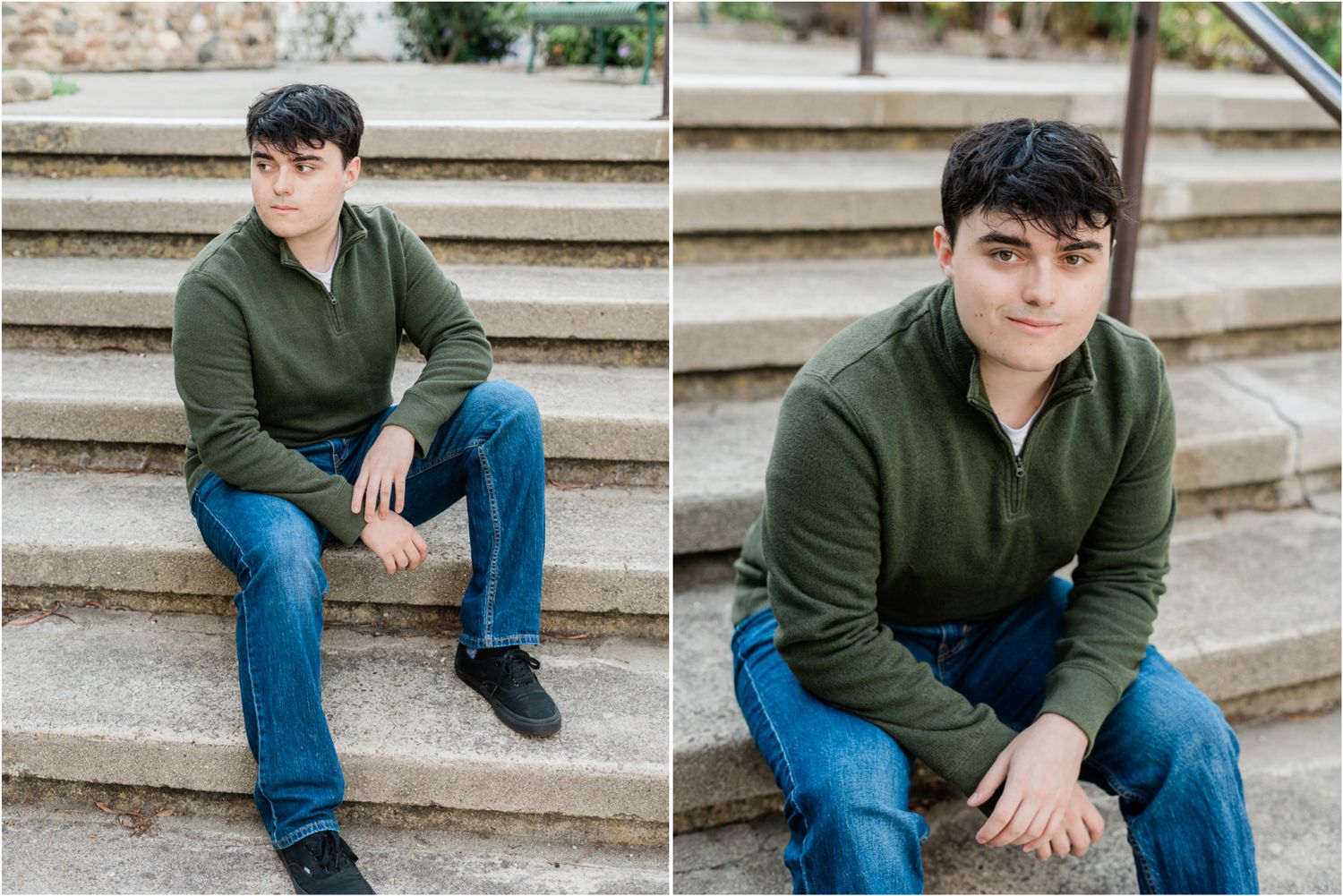 mission prep senior photos | senior guy wearing dark green quarter zip sweater for senior photos sitting on stairs by mission downtown slo