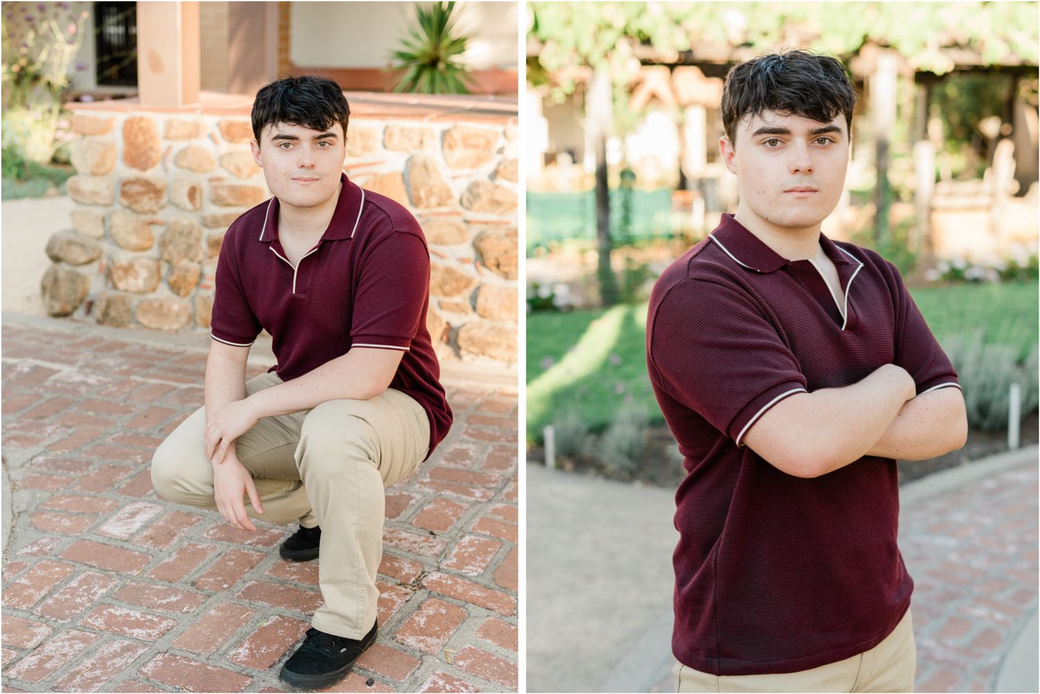 slo senior guy senior photos at Mission SLO in downtown SLO | Brick walkway and garden area | Mission Prep Senior photographer
