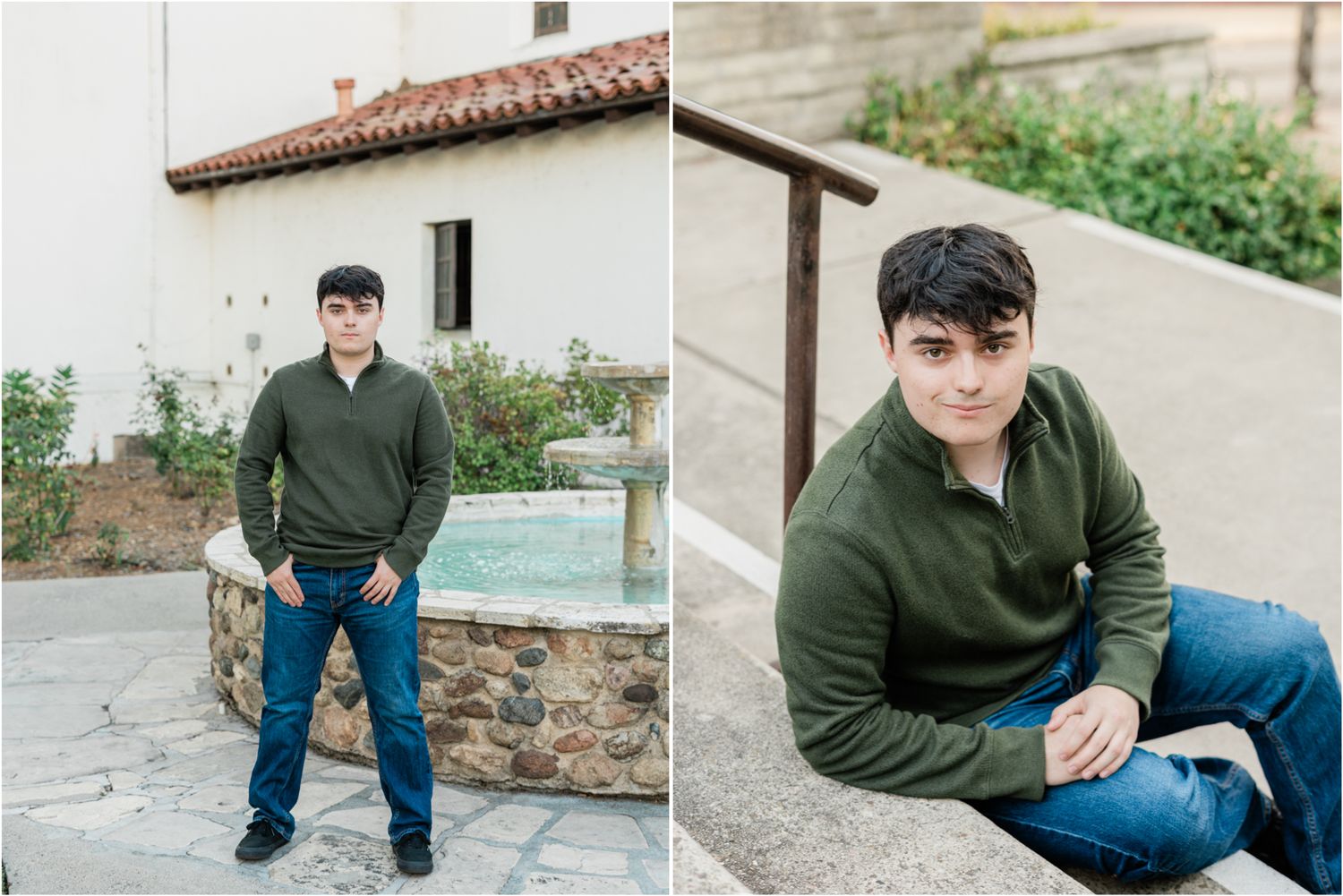 senior photos | mission prep senior photos | senior guy wearing dark green quarter zip sweater for senior photos downtown slo | senior guy
