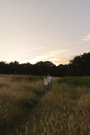 couple in a golden field at sunset.