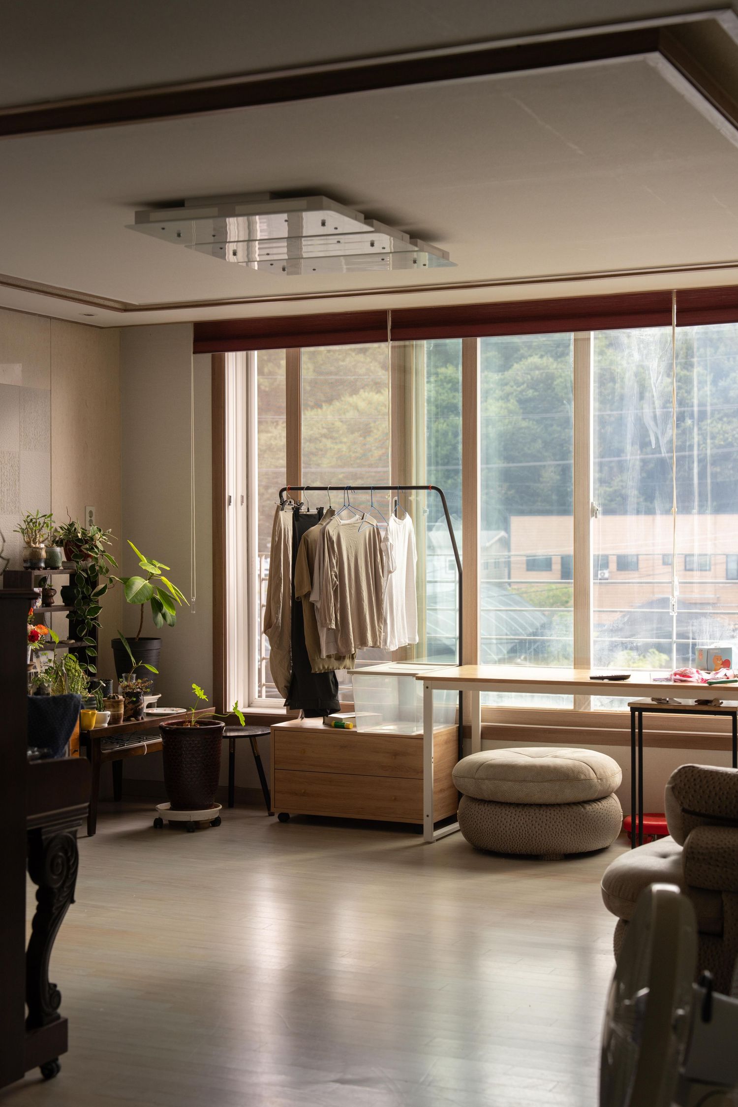 Modern open-plan studio apartment with large windows, hardwood floors, and minimalist furniture in natural light.
